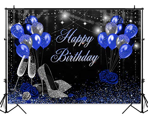 Mocsicka Blue and Birthday Backdrop for Women Silver High Heels and Blue Balloons Birthday Party Decoration for Girl Blue Rose Happy Birthday Party Banner Supplies (7x5ft (82x60 inch))