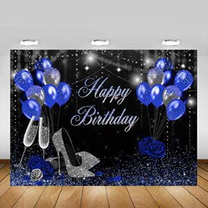 Mocsicka Blue and Birthday Backdrop for Women Silver High Heels and Blue Balloons Birthday Party Decoration for Girl Blue Rose Happy Birthday Party Banner Supplies (7x5ft (82x60 inch))