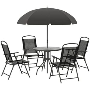 outsunny 6 piece patio dining set for 4 with umbrella, outdoor table and chairs with 4 folding dining chairs & round glass table for garden, backyard and poolside, black