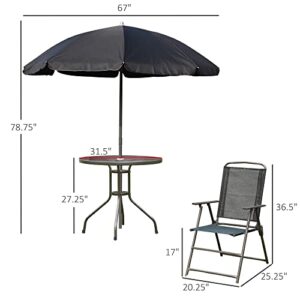 Outsunny 6 Piece Patio Dining Set for 4 with Umbrella, Outdoor Table and Chairs with 4 Folding Dining Chairs & Round Glass Table for Garden, Backyard and Poolside, Black