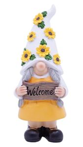 lerrio & bifeen spring garden gnomes figurines decor 9.5 inch, carved with welcome, sunflower hat yellow dress gnomes for spring gnomes garden yard decorations