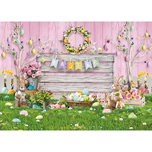 Maijoeyy 7x5ft Easter Backdrop Pink Wood Spring Floral Easter Backdrop for Photography Easter Eggs Green Grass Easter Party Decoration Kids Newborn Baby Party Photoshoot Background