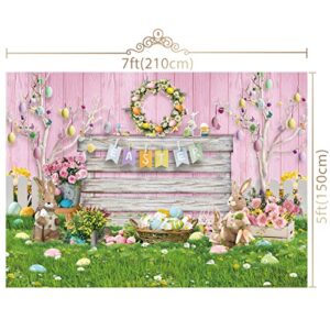 Maijoeyy 7x5ft Easter Backdrop Pink Wood Spring Floral Easter Backdrop for Photography Easter Eggs Green Grass Easter Party Decoration Kids Newborn Baby Party Photoshoot Background