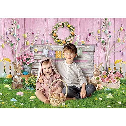 Maijoeyy 7x5ft Easter Backdrop Pink Wood Spring Floral Easter Backdrop for Photography Easter Eggs Green Grass Easter Party Decoration Kids Newborn Baby Party Photoshoot Background