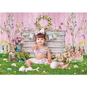 Maijoeyy 7x5ft Easter Backdrop Pink Wood Spring Floral Easter Backdrop for Photography Easter Eggs Green Grass Easter Party Decoration Kids Newborn Baby Party Photoshoot Background