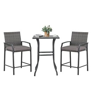 verano garden 3 pieces patio bar set, all weather outdoor bistro set, high top patio table with wooden look top and chairs with soft cushion for patio, backyard, porch, garden or poolside