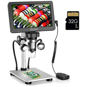 7” digital microscope 1200x,dcorn 12mp 1080p photo/video microscope with 32gb tf card for adults soldering coins,metal stand,wired remote,10 led fill lights,pc view,windows/mac compatible