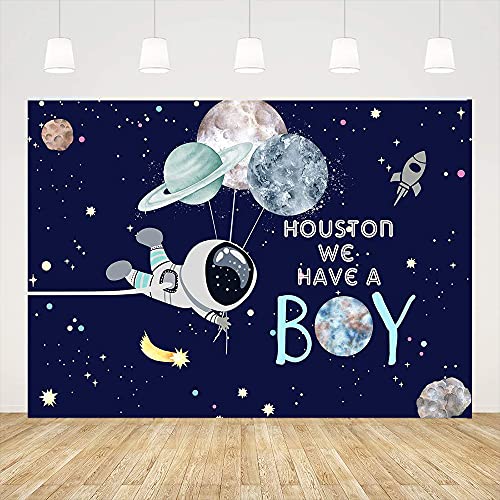 Ticuenicoa 7x5ft We Have A Boy Backdrop for Baby Shower Outer Space Rocket Astronaut Theme Babyshower Backdrops Night Sky Hanging Stars Planet Galaxy Photo Background Kids Birthday Party Decoration