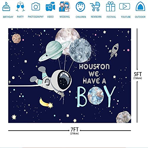 Ticuenicoa 7x5ft We Have A Boy Backdrop for Baby Shower Outer Space Rocket Astronaut Theme Babyshower Backdrops Night Sky Hanging Stars Planet Galaxy Photo Background Kids Birthday Party Decoration