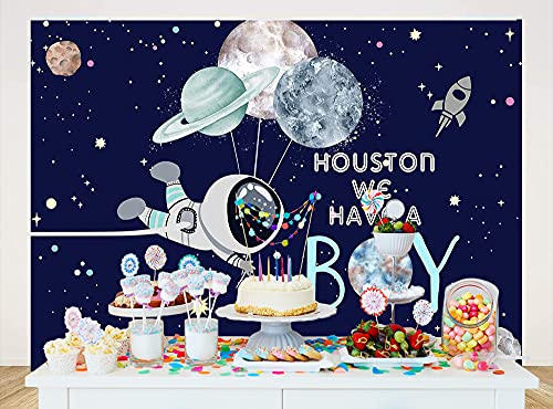 Ticuenicoa 7x5ft We Have A Boy Backdrop for Baby Shower Outer Space Rocket Astronaut Theme Babyshower Backdrops Night Sky Hanging Stars Planet Galaxy Photo Background Kids Birthday Party Decoration