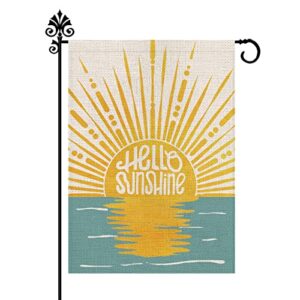 hello sunshine garden flag sunset over sea double sided vertical summer yard outdoor decoration 12×18 inch (size for garden-12.5” x 18”)