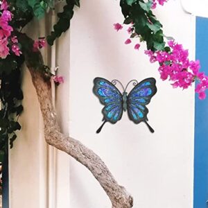 HONGLAND Metal Butterfly Wall Decor Glass Outdoor Wall Art Sculpture Hanging Garden Decorations Blue for Home Garden