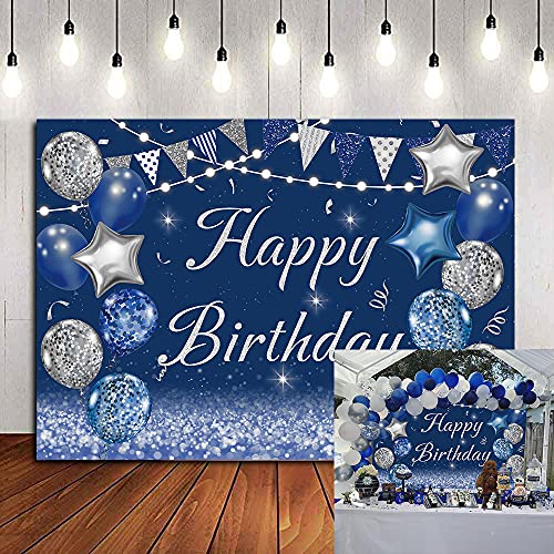 Cenven Navy Blue Happy Birthday Backdrop Silver Glitter Balloons Star Flag Sequins Background Adult Men Women Birthday Party Decoration Cake Table Photo Booth (7x5FT, Blue)