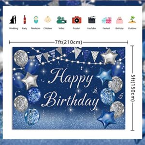Cenven Navy Blue Happy Birthday Backdrop Silver Glitter Balloons Star Flag Sequins Background Adult Men Women Birthday Party Decoration Cake Table Photo Booth (7x5FT, Blue)
