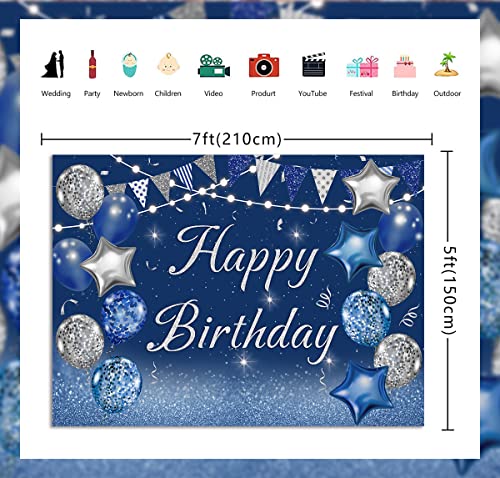 Cenven Navy Blue Happy Birthday Backdrop Silver Glitter Balloons Star Flag Sequins Background Adult Men Women Birthday Party Decoration Cake Table Photo Booth (7x5FT, Blue)