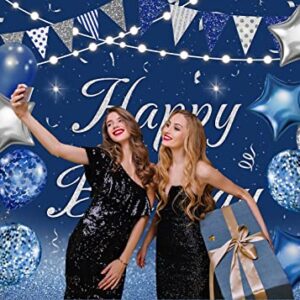 Cenven Navy Blue Happy Birthday Backdrop Silver Glitter Balloons Star Flag Sequins Background Adult Men Women Birthday Party Decoration Cake Table Photo Booth (7x5FT, Blue)