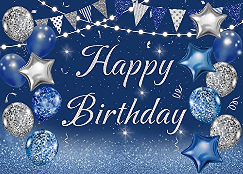 Cenven Navy Blue Happy Birthday Backdrop Silver Glitter Balloons Star Flag Sequins Background Adult Men Women Birthday Party Decoration Cake Table Photo Booth (7x5FT, Blue)