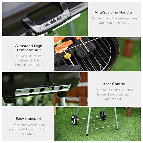Outsunny 38'' Steel Charocal Grill with Portable Wheel, Side Tray and Lower Shelf for Outdoor BBQ for Garden, Backyard, Poolside