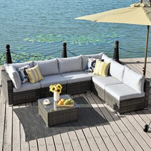 xizzi patio furniture 7 pieces outdoor patio sectional sofa couch grey pe wicker furniture conversation sets with glass coffee table for garden,backyard,deck,grey