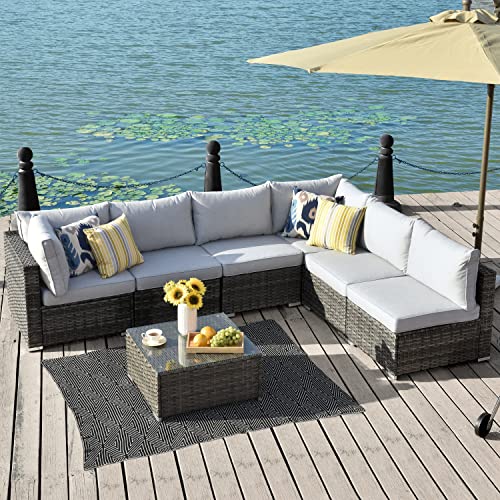 XIZZI Patio Furniture 7 Pieces Outdoor Patio Sectional Sofa Couch Grey PE Wicker Furniture Conversation Sets with Glass Coffee Table for Garden,Backyard,Deck,Grey