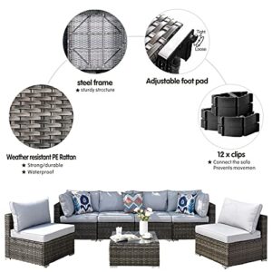 XIZZI Patio Furniture 7 Pieces Outdoor Patio Sectional Sofa Couch Grey PE Wicker Furniture Conversation Sets with Glass Coffee Table for Garden,Backyard,Deck,Grey