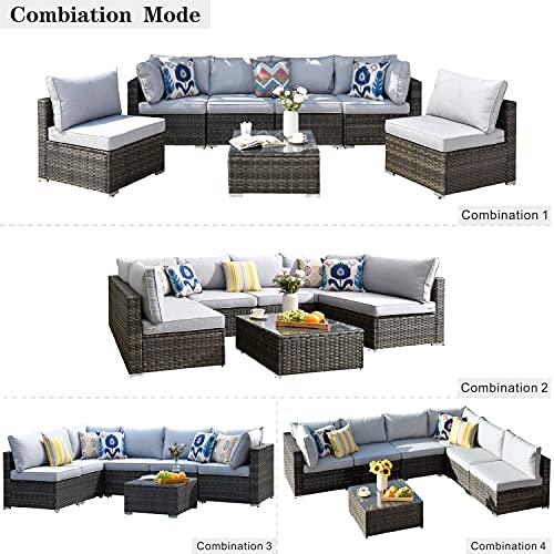 XIZZI Patio Furniture 7 Pieces Outdoor Patio Sectional Sofa Couch Grey PE Wicker Furniture Conversation Sets with Glass Coffee Table for Garden,Backyard,Deck,Grey