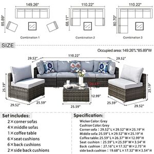 XIZZI Patio Furniture 7 Pieces Outdoor Patio Sectional Sofa Couch Grey PE Wicker Furniture Conversation Sets with Glass Coffee Table for Garden,Backyard,Deck,Grey