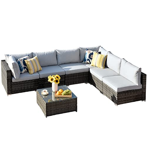 XIZZI Patio Furniture 7 Pieces Outdoor Patio Sectional Sofa Couch Grey PE Wicker Furniture Conversation Sets with Glass Coffee Table for Garden,Backyard,Deck,Grey