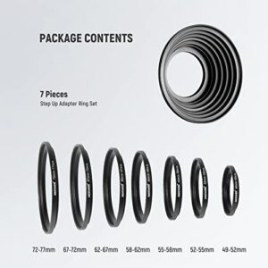 NEEWER 7PCS Step Up Rings Filter Adapter, 49-52mm, 52-55mm, 55-58mm, 58-62mm, 62-67mm, 67-72mm, 72-77mm Threaded Premium Anodized Aluminum Frame