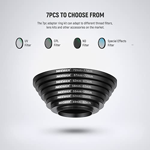 NEEWER 7PCS Step Up Rings Filter Adapter, 49-52mm, 52-55mm, 55-58mm, 58-62mm, 62-67mm, 67-72mm, 72-77mm Threaded Premium Anodized Aluminum Frame