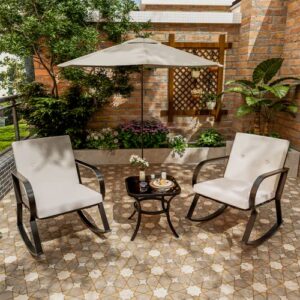 Greesum 3 Pieces Patio Furniture Sets, Outdoor Conversation Rocking Chairs with Soft Cushions and Glass Coffee Table for Balcony, Porch, Yard, Beige