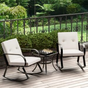 Greesum 3 Pieces Patio Furniture Sets, Outdoor Conversation Rocking Chairs with Soft Cushions and Glass Coffee Table for Balcony, Porch, Yard, Beige