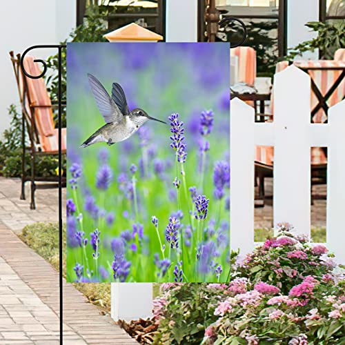 Pickako Tropical Summer Spring Hummingbird Bird In Purple Lavender Floral Flowers Garden Yard Flag 12 x 18 Inch, Double Sided Outdoor Decorative Welcome flags Banners for Home House Lawn Patio