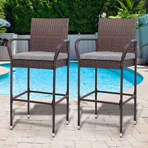 vingli wicker outdoor bar stools set of 2 with cushions, patio bar chairs bar height, outdoor chair set for garden pool lawn backyard
