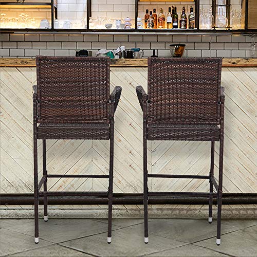 VINGLI Wicker Outdoor Bar Stools Set of 2 with Cushions, Patio Bar Chairs Bar Height, Outdoor Chair Set for Garden Pool Lawn Backyard
