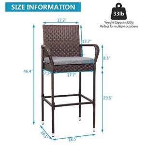 VINGLI Wicker Outdoor Bar Stools Set of 2 with Cushions, Patio Bar Chairs Bar Height, Outdoor Chair Set for Garden Pool Lawn Backyard