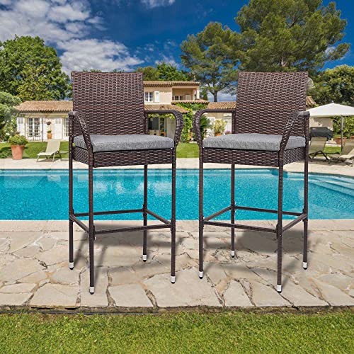 VINGLI Wicker Outdoor Bar Stools Set of 2 with Cushions, Patio Bar Chairs Bar Height, Outdoor Chair Set for Garden Pool Lawn Backyard