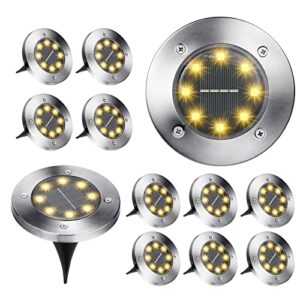 brizled 12 pack solar disk lights, 8 led solar ground lights, outdoor garden disc lights, flat solar in-ground lights waterproof landscape lighting for pathway lawn yard driveway walkway, warm white