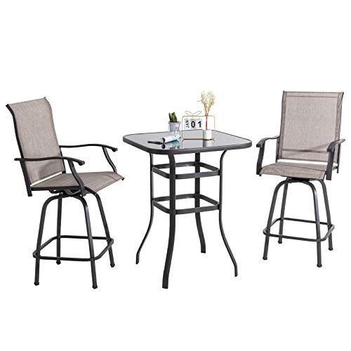 Shintenchi 3 Pieces Patio Swivel Bar Set, All Weather Textile Fabric Outdoor High Bar Stool Bistro Set with 2 Bar Chairs and Glass Table for Home, Backyard, Garden, Lawn, Porch (Brown)