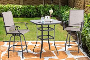 shintenchi 3 pieces patio swivel bar set, all weather textile fabric outdoor high bar stool bistro set with 2 bar chairs and glass table for home, backyard, garden, lawn, porch (brown)