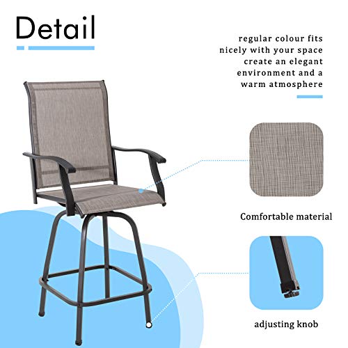 Shintenchi 3 Pieces Patio Swivel Bar Set, All Weather Textile Fabric Outdoor High Bar Stool Bistro Set with 2 Bar Chairs and Glass Table for Home, Backyard, Garden, Lawn, Porch (Brown)