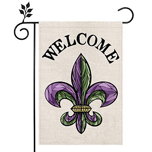 CROWNED BEAUTY Mardi Gras Fleur de Lis Welcome Garden Flag 12×18 Inch Small New Orleans Vertical Double Sided Flag for Outside Yard Carnival Celebration Farmhouse Décor CF031-12