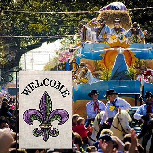 CROWNED BEAUTY Mardi Gras Fleur de Lis Welcome Garden Flag 12×18 Inch Small New Orleans Vertical Double Sided Flag for Outside Yard Carnival Celebration Farmhouse Décor CF031-12