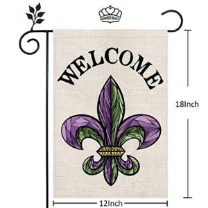 CROWNED BEAUTY Mardi Gras Fleur de Lis Welcome Garden Flag 12×18 Inch Small New Orleans Vertical Double Sided Flag for Outside Yard Carnival Celebration Farmhouse Décor CF031-12
