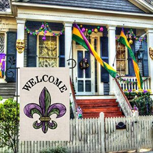 CROWNED BEAUTY Mardi Gras Fleur de Lis Welcome Garden Flag 12×18 Inch Small New Orleans Vertical Double Sided Flag for Outside Yard Carnival Celebration Farmhouse Décor CF031-12