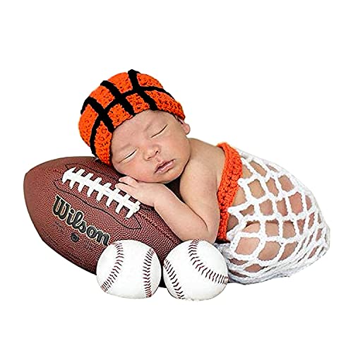 Infant Basketball Photography Props Crochet Costume Outfits Orange Hat+White Basket Photo Shoot Props for 3-6 Months Newborn Baby Boy Girl