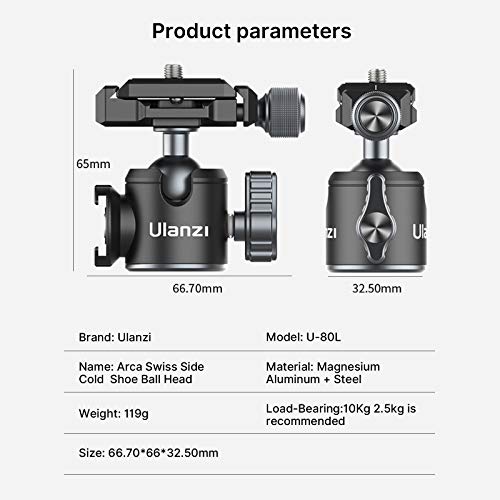 Tripod Ball Head ULANZI U-80L Camera Quick Release Metal Ball Head Camera Mount Arca Swiss 360° Rotating with Quick Release Plate & Cold Shoe, 22lbs/10kg Load for 1/4" Tripod,Monopod,DSLR,Camera