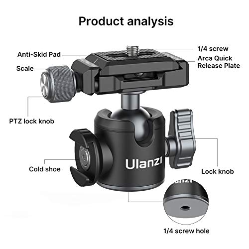 Tripod Ball Head ULANZI U-80L Camera Quick Release Metal Ball Head Camera Mount Arca Swiss 360° Rotating with Quick Release Plate & Cold Shoe, 22lbs/10kg Load for 1/4" Tripod,Monopod,DSLR,Camera