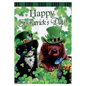 morigins cute shamrock cat and dog with green hat decorative happy st. patrick’s day garden flag double sided 12.5 x 18 inch