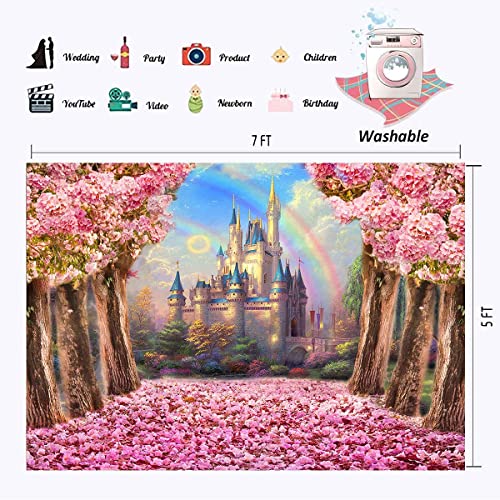 Castle Backdrop 7x5ft Spring Pink Sakura Flowers Washable Polyester Photography Background Wedding Birthday Party Princess Photo Studio Props YL058